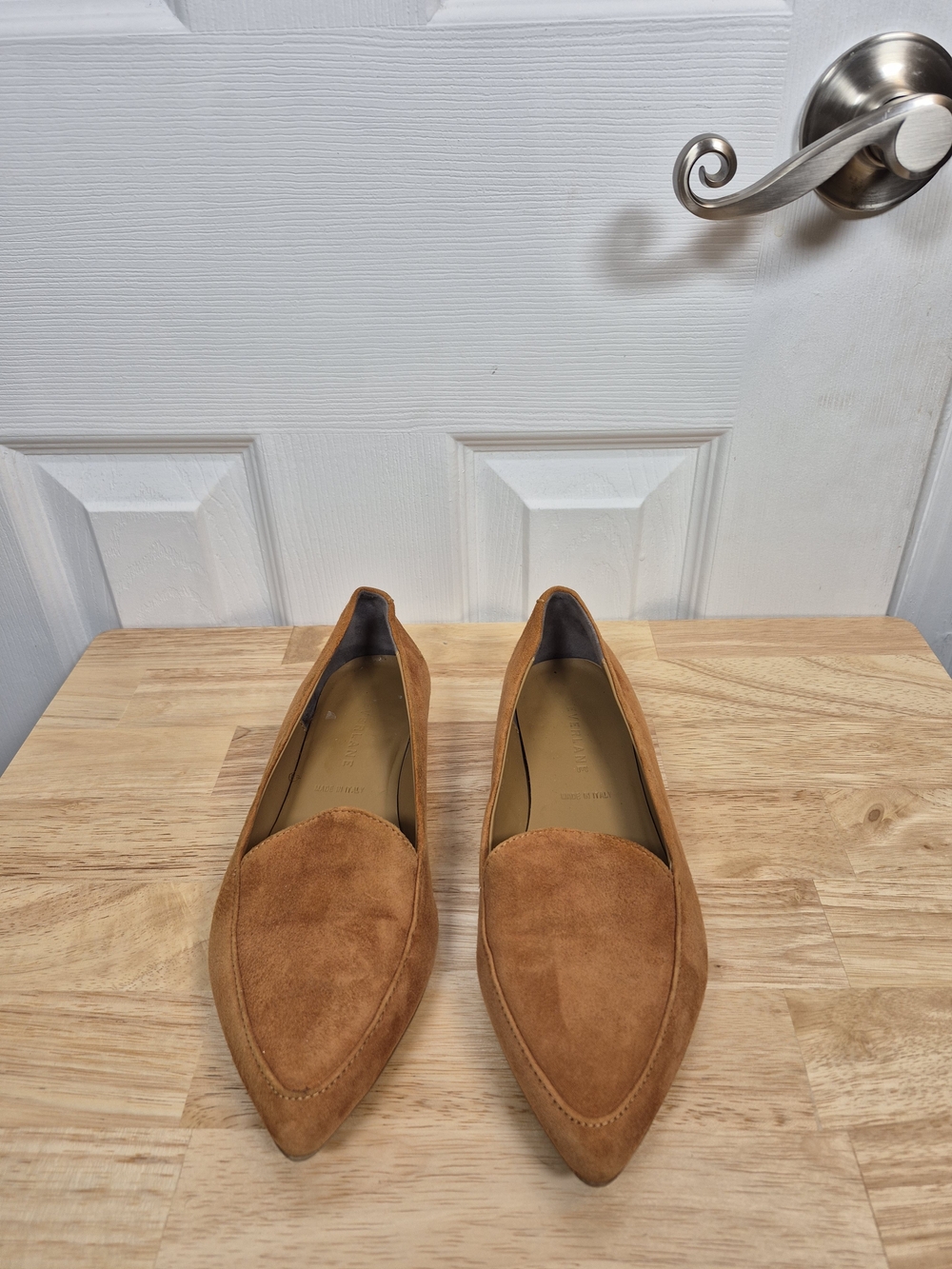 Everlane Italian Suede Pointed Toe Loafers Cognac Brown Flats Quiet Luxury